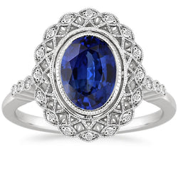 Antique Style Halo Ring Bezel Set Blue Sapphire With Natural Earth Mined Diamonds 4 Carats