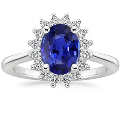 Halo Diamond Ring Flower Style Ceylon Sapphire 4 Carats