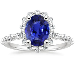 Halo Natural Earth Mined Diamond Ring Flower Style Sri Lankan Sapphire 4 Carats