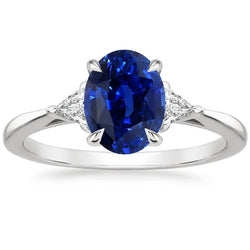 Womens 3 Stone Oval Blue Sapphire & Trillion Cut Natural Earth Mined Diamond Ring 3 Carats