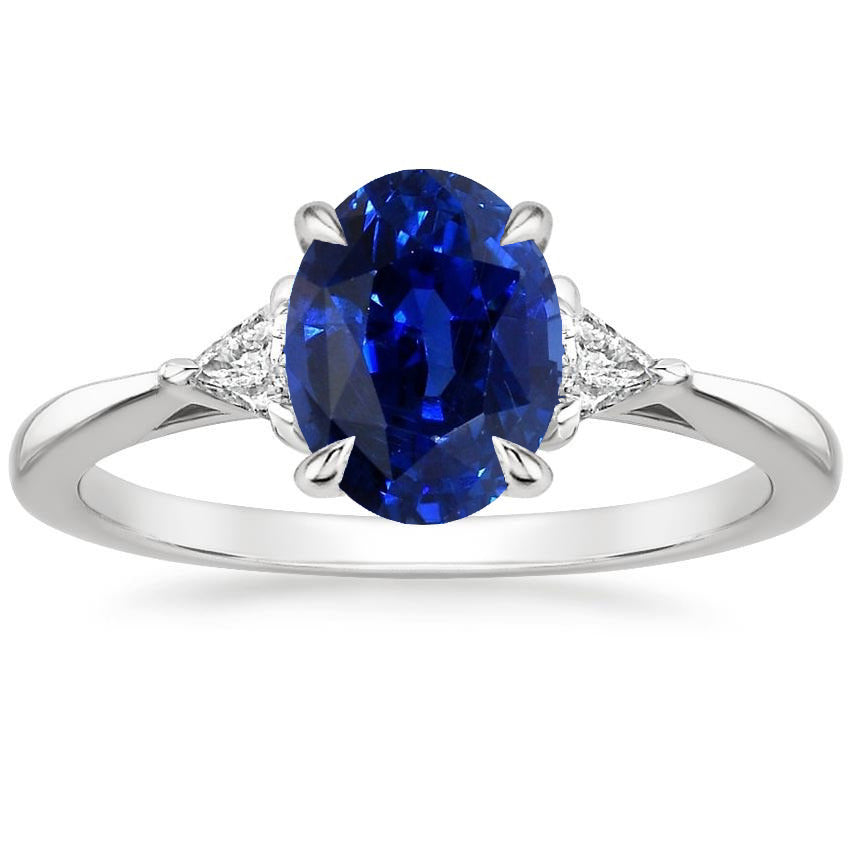 New Stylish Womens 3 Stone Oval Blue Sapphire & Trillion Cut Diamond Ring