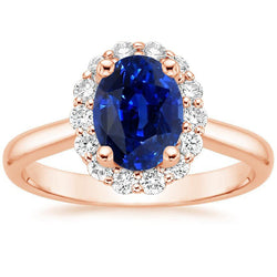 Halo Round Natural Earth Mined Diamond & Oval Ring Sri Lankan Sapphire 3.50 Carats