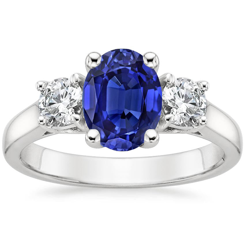 Natural Earth Mined Diamond 3 Stone Engagement Ring Oval Blue Sapphire 2.50 Carats