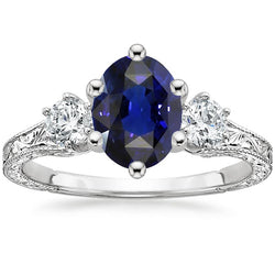 Blue Sapphire 3 Stone Ring & Natural Earth Mined Diamonds 2.50 Carats Antique Style
