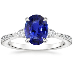 Solitaire Blue Sapphire With Pear & Round Natural Earth Mined Diamond Accent Ring 3 Carats