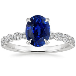 Gold Gemstone Ring Oval Blue Sapphire & Pave Set Natural Earth Mined Diamonds 3.50 Carats