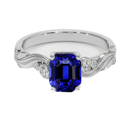 Unique Lady’s Vintage Style Diamond And Ceylon Sapphire Emerald Cut Ring  