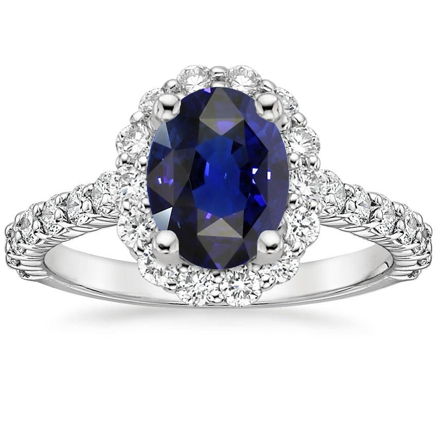 Oval Deep  Quality Wedding  Blue Sapphire Halo Wedding Ring  White Gold