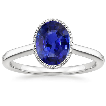 Natural Real ( Not Lab Grown )  Solitaire Bezel Set Ceylon Sapphire Ring Oval White Gold 3 Carats