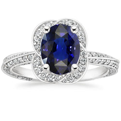 Ceylon Sapphire Halo White Gold Ring & Round Natural Earth Mined Diamonds 6 Carats