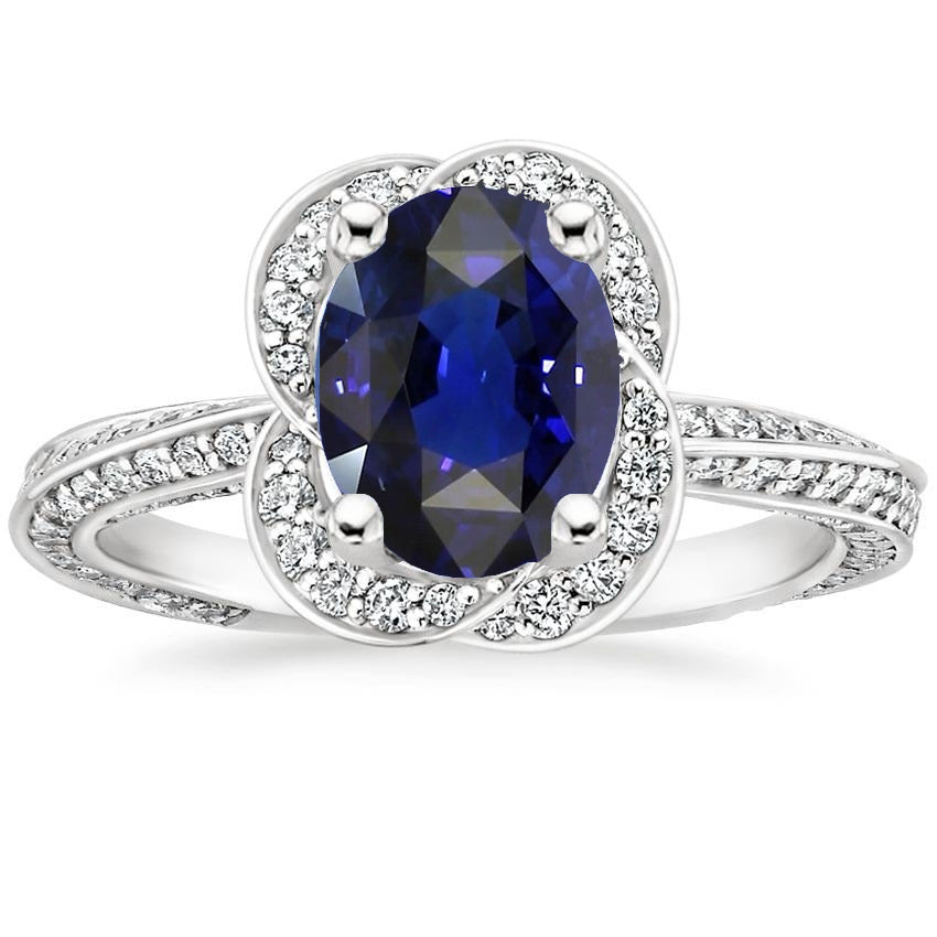 Ceylon Sapphire Halo White Gold Ring & Round Natural Earth Mined Diamonds 6 Carats