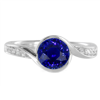 Round Diamond & Blue Sapphire Ring  Best amazing weeding   Bypass Style Gold Shank