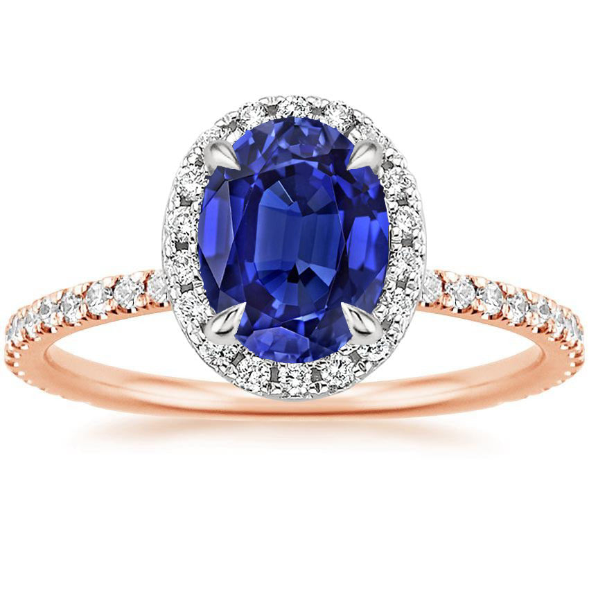 Gemstone Halo Ring Oval SriLanka Sapphire 5 Carats Two Tone Gold 14K