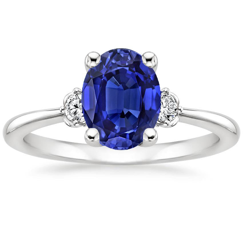 Three Stone Natural Earth Mined Diamond & Oval Ceylon Sapphire Ring 3.50 Carats White Gold