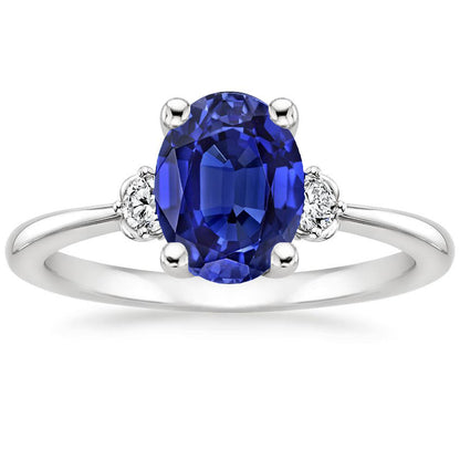 Three Stone Natural Earth Mined Diamond & Oval Ceylon Sapphire Ring 3.50 Carats White Gold