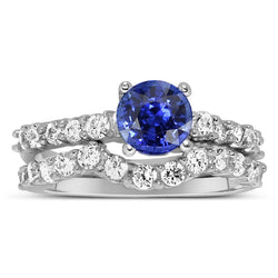 Women's Natural Earth Mined Diamond Round Blue Sapphire Engagement Ring Set 4.50 Carats