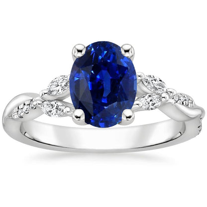 Natural Real ( Not Lab Grown )  Blue Sapphire Gemstone Ring With Marquise & Round Accents 4.50 Carats