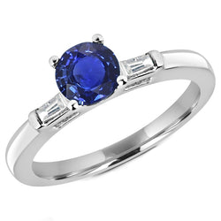 Three Stone Baguette Natural Earth Mined Diamond & Round Blue Sapphire Ring 2.25 Carats