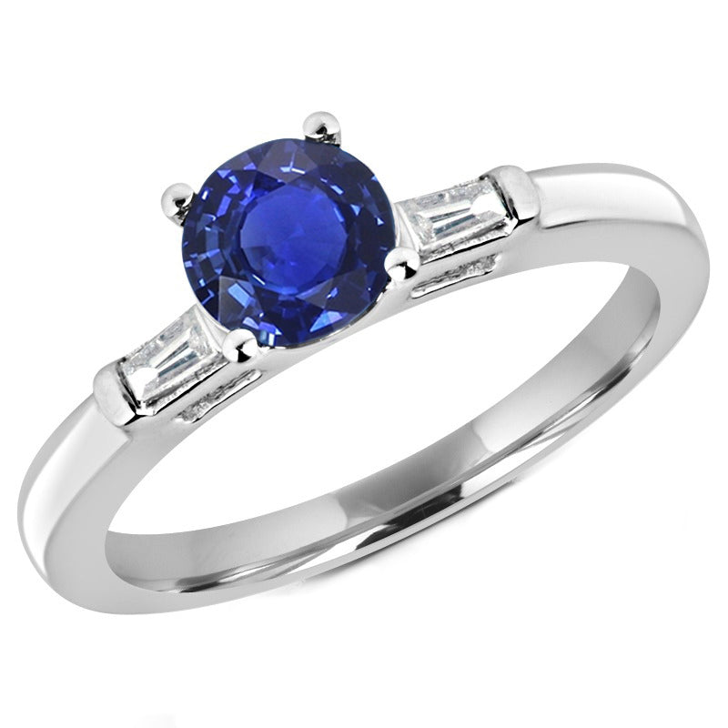 True classic fancy  Three Stone Baguette Diamond & Round Blue Sapphire Ring