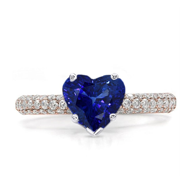  Women Diamond Engagemen Solitaire Heart Blue Sapphire Ring With Pave Set Diamonds