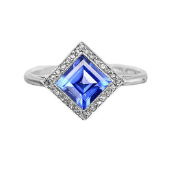 Natural Earth Mined Diamond Halo Princess Blue Sapphire Ring 3 Carats Gold Pyramid Style