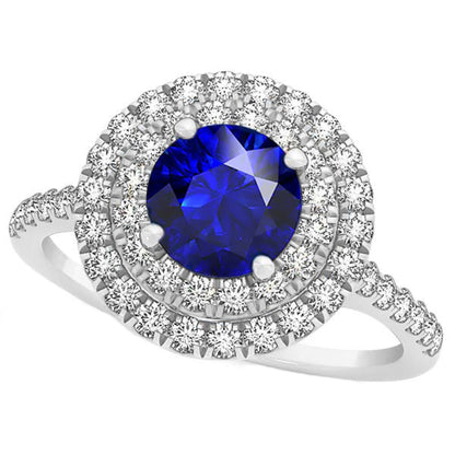 Diamond Round Blue Sapphire Ring Double Halo  Women Diamond Engagement  Women's Gold