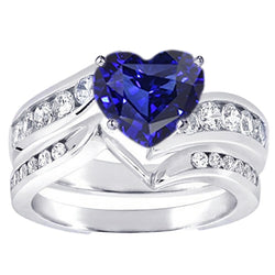 Heart Cut Sapphire Wedding Ring Set & Channel Set Natural Earth Mined Diamonds 3.50 Carats
