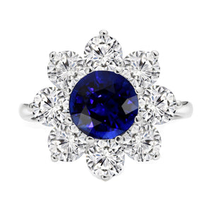 Sparkling Style Gold Halo Diamond Ring Blue Round Sapphire Flower Style
