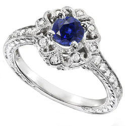 Halo Natural Earth Mined Diamond Ring Vintage Style Sapphire 3 Carat Filigree Flower Style
