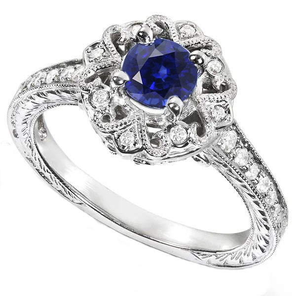 Halo Diamond Ring Vintage Style Sapphire  Lady’s Vintage Style  Filigree Flower Style  