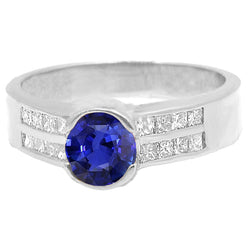 Natural Earth Mined Diamond Round Blue Sapphire Ring & Princess Cut Accents 2.50 Carats
