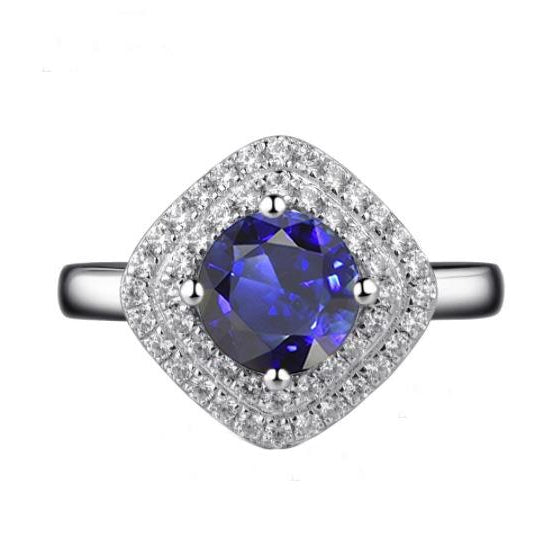 Womens Diamond Ring  Lady’s Vintage Style   Round Sapphire Cushion Shaped Double Halo