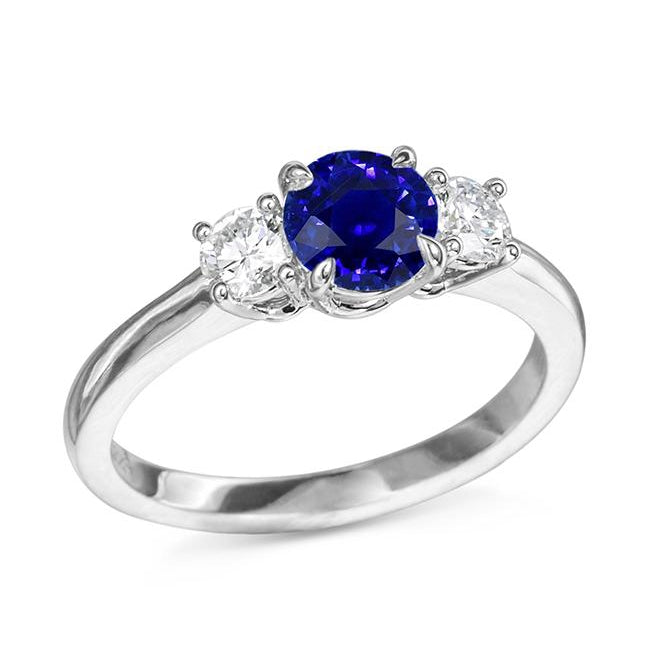 White Gold Three Stone Ceylon Sapphire Ring & Round Diamonds bst amazing ladies 