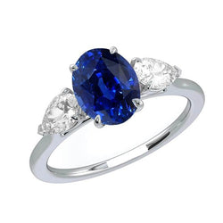 Pear Diamond Three Stone Ring Oval Deep Blue Sapphire 3 Carats
