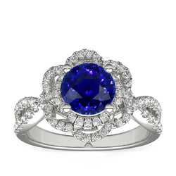 Natural Real ( Not Lab Grown )  Double Halo Round Blue Sapphire Ring Flower Style 5 Carats Split Shank