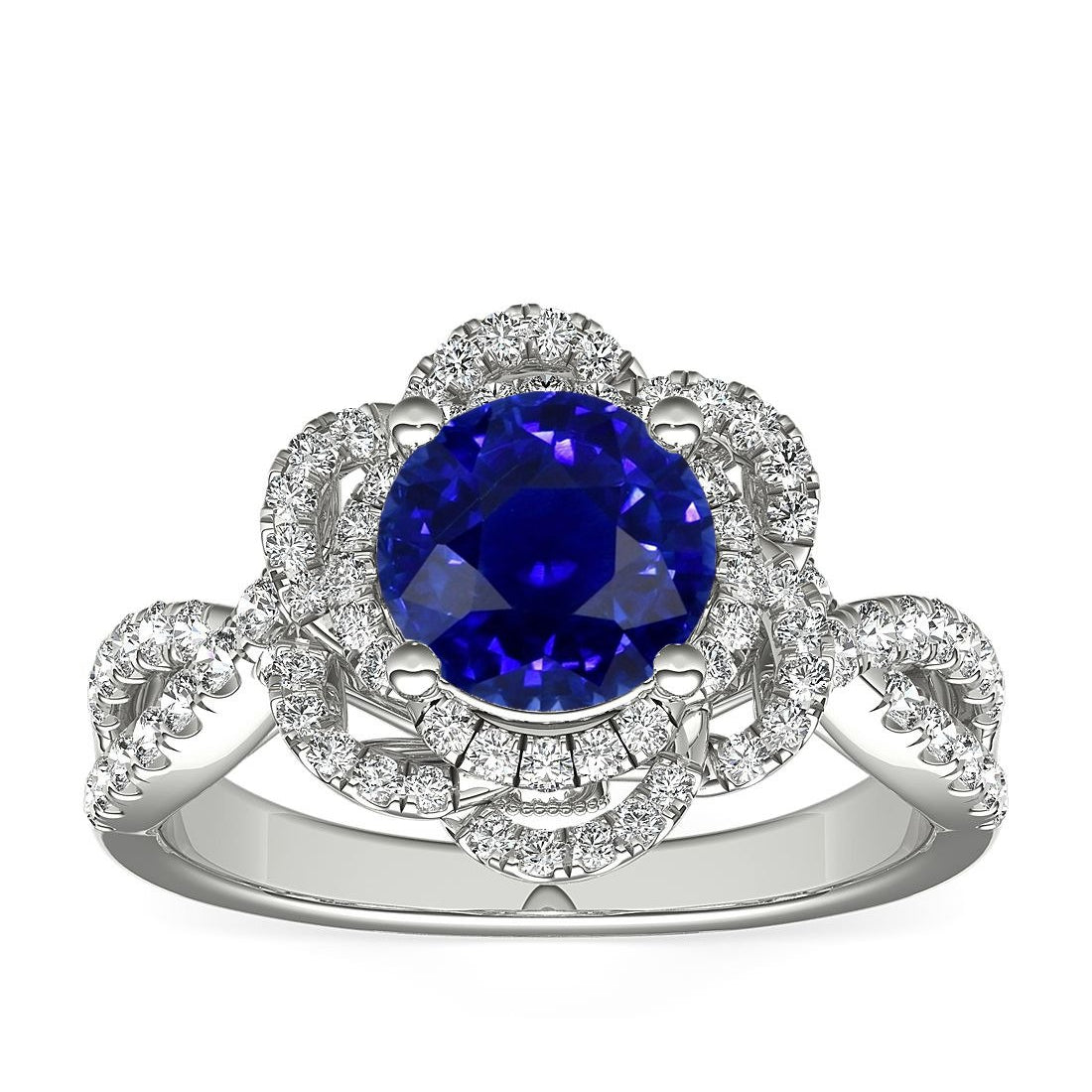 Double Halo Round Blue Sapphire Ring Flower Style Lady’s  Round Anniversary  Split Shank