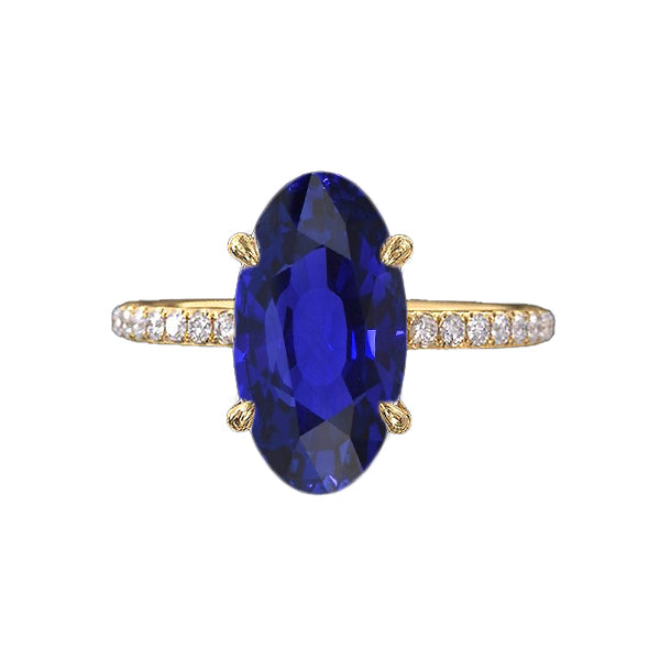  Half bazel fancy Engagement  Yellow Gold Solitaire Oval Blue Sapphire Ring With Accents