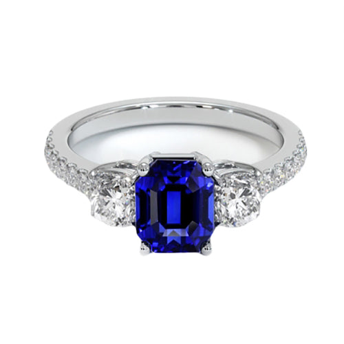 Emerald Blue Sapphire 3 Stone Style Ring With Accents  Lady’s Brilliant Engagement 