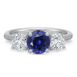 Ladies Three Stone Ring Round Ceylon Sapphire 2.50 Carats Natural Earth Mined Diamonds