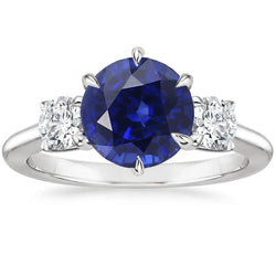 3 Stone Round Diamonds Deep Blue Sapphire Ring Prong Set 3.50 Carats