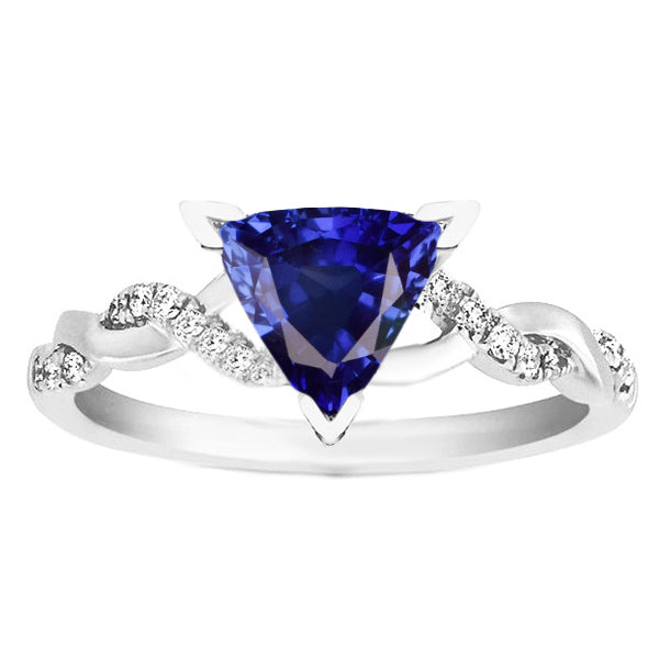 Diamond Trillion V Prong Blue Sapphire Ring  Lady’s  Round Anniversary   Twisted Style