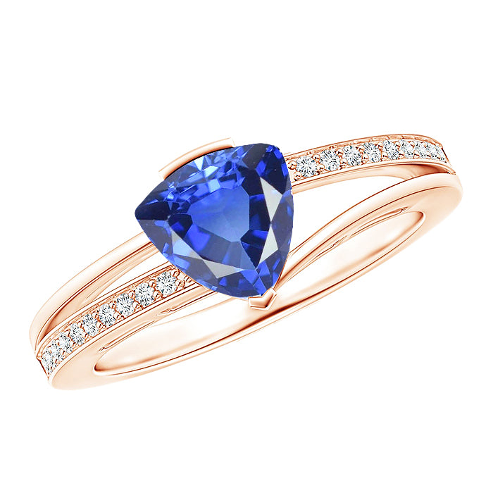 Trillion Sapphire Gemstone Ring Lady’s  Round Anniversary    Split Shank Diamond Rose Gold
