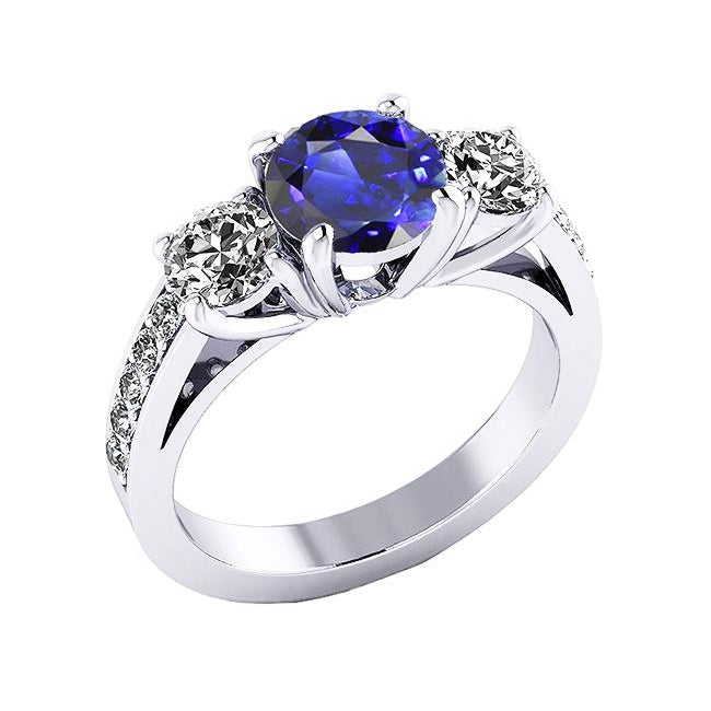 3 Stone Style Fancy Princess Cut Style   Diamond Ring Round Ceylon Sapphire  White Gold