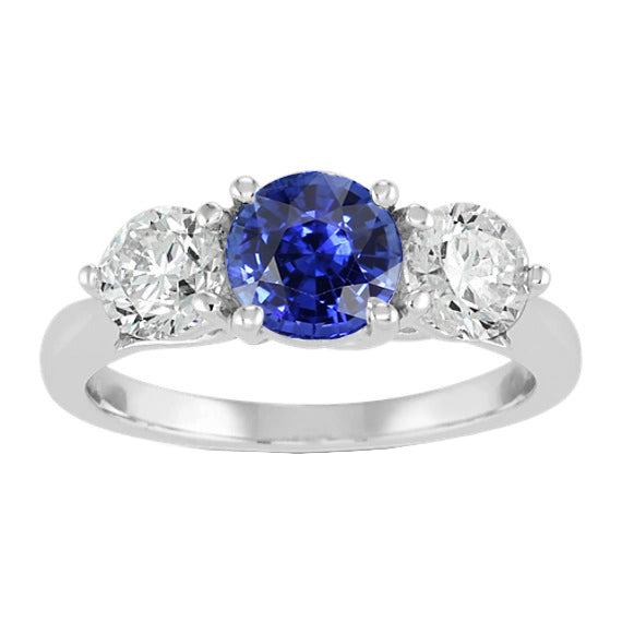 Women Three Stone Round Natural Blue Sapphire Ring Fancy Princess Cut Style   Diamonds