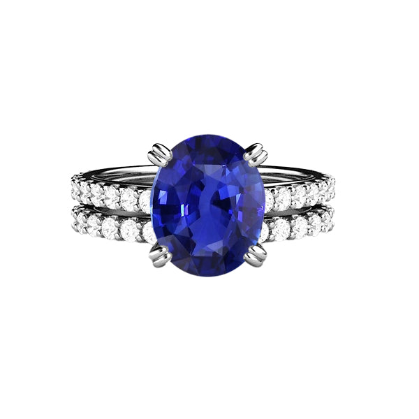 Women's Gold Natural Earth Mined Diamond & Oval Blue Sapphire Wedding Ring Set 4.50 Carats