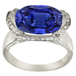 Round Natural Earth Mined Diamond & Oval Cut Blue Sapphire Ring Bar Setting 5.50 Carats