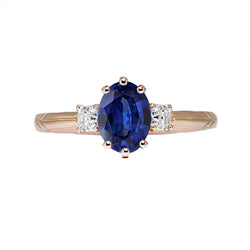 Three Stone Oval Blue Sapphire Ring & Natural Earth Mined Diamonds 2.50 Carats