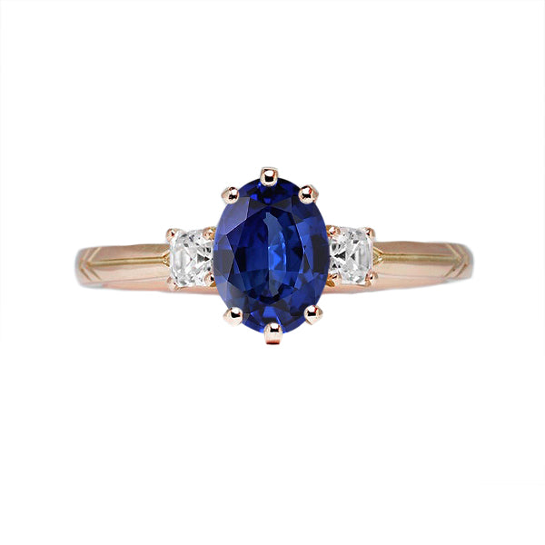 Three Stone Oval Blue Sapphire Ring & Natural Earth Mined Diamonds 2.50 Carats