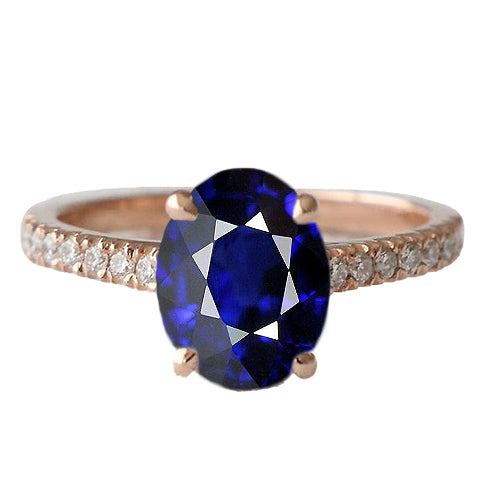 Gemstone Oval Ring Blue Sapphire & Pave Set Natural Earth Mined Diamonds 3.50 Carats