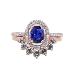 Natural Earth Mined Diamond Halo Oval Engagement Ring Set Blue Sapphire 3.50 Carats Gold